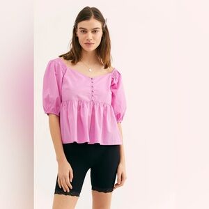 Free People Pink Veronica Sweetheart Top Puffed Sleeves Size Large NWT